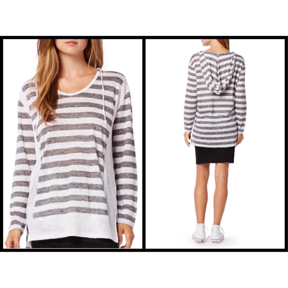 💕MICHAEL STARS💕 Linen-Knit Stripe-Hooded Pullover Grey White Striped Pattern